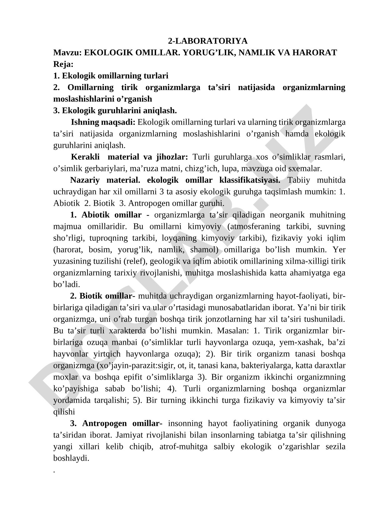 EKOLOGIK OMILLAR. YORUG'LIK, NAMLIK VA HARORAT