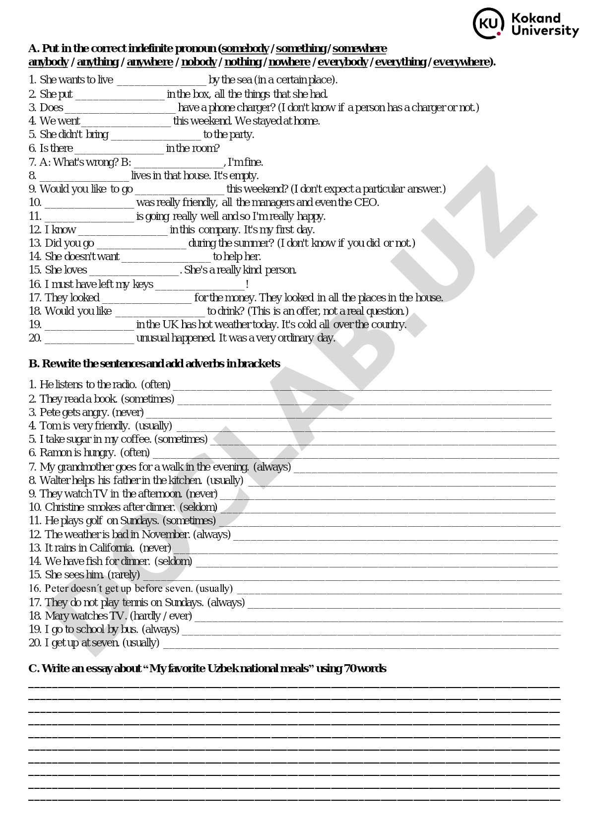 Indefinite Pronouns Exercises