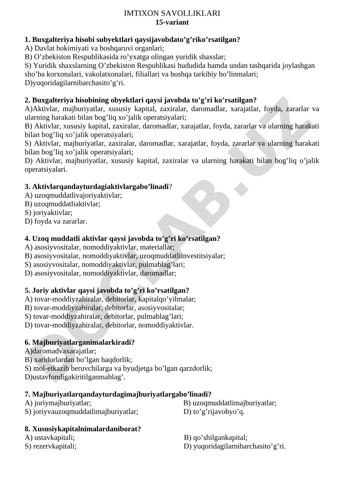 Buxgalteriya hisobidan imtihon savollari (15-variant)