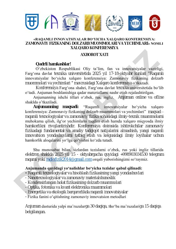 Raqamli innovatsiyalar bo'yicha xalqaro konferensiya: Zamonaviy fizikaning dolzarb muommolari va yechimlari