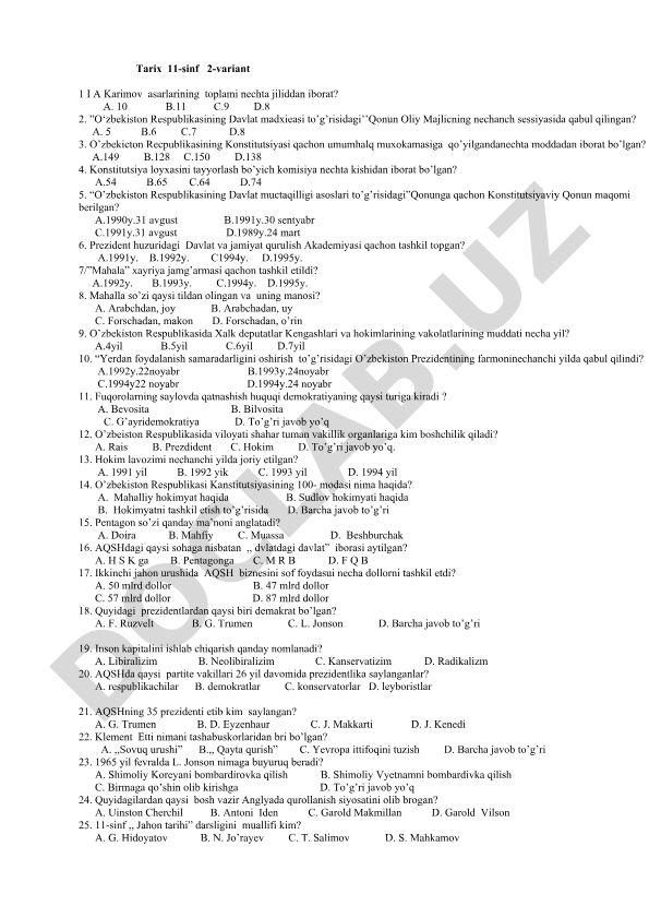 Tarix fanidan test savollari to'plami