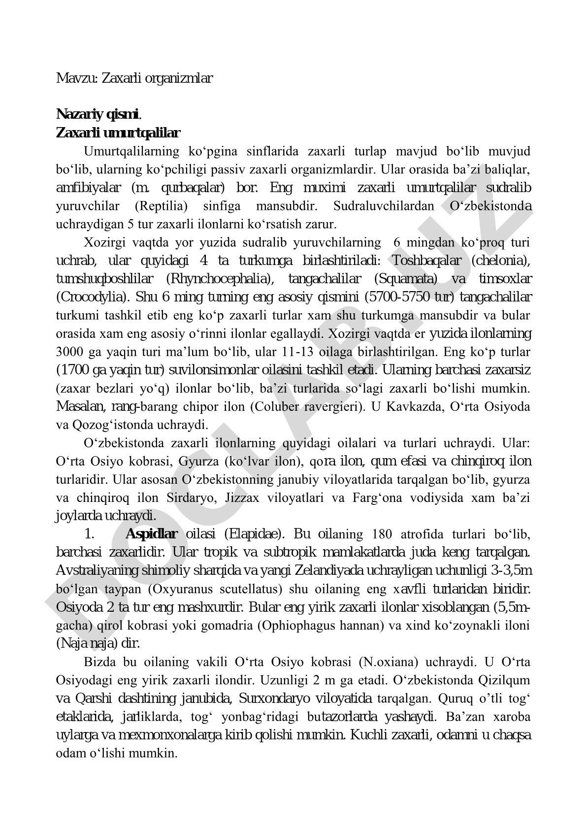 Zaxarli organizmlar Nazariy qismi. Zaxarli umurtqalilar