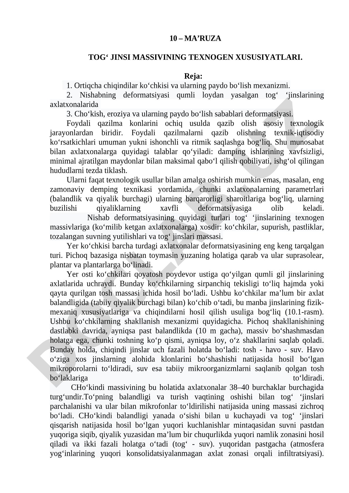 Tog‘ jinsi massivining texnogen xususiyatlari