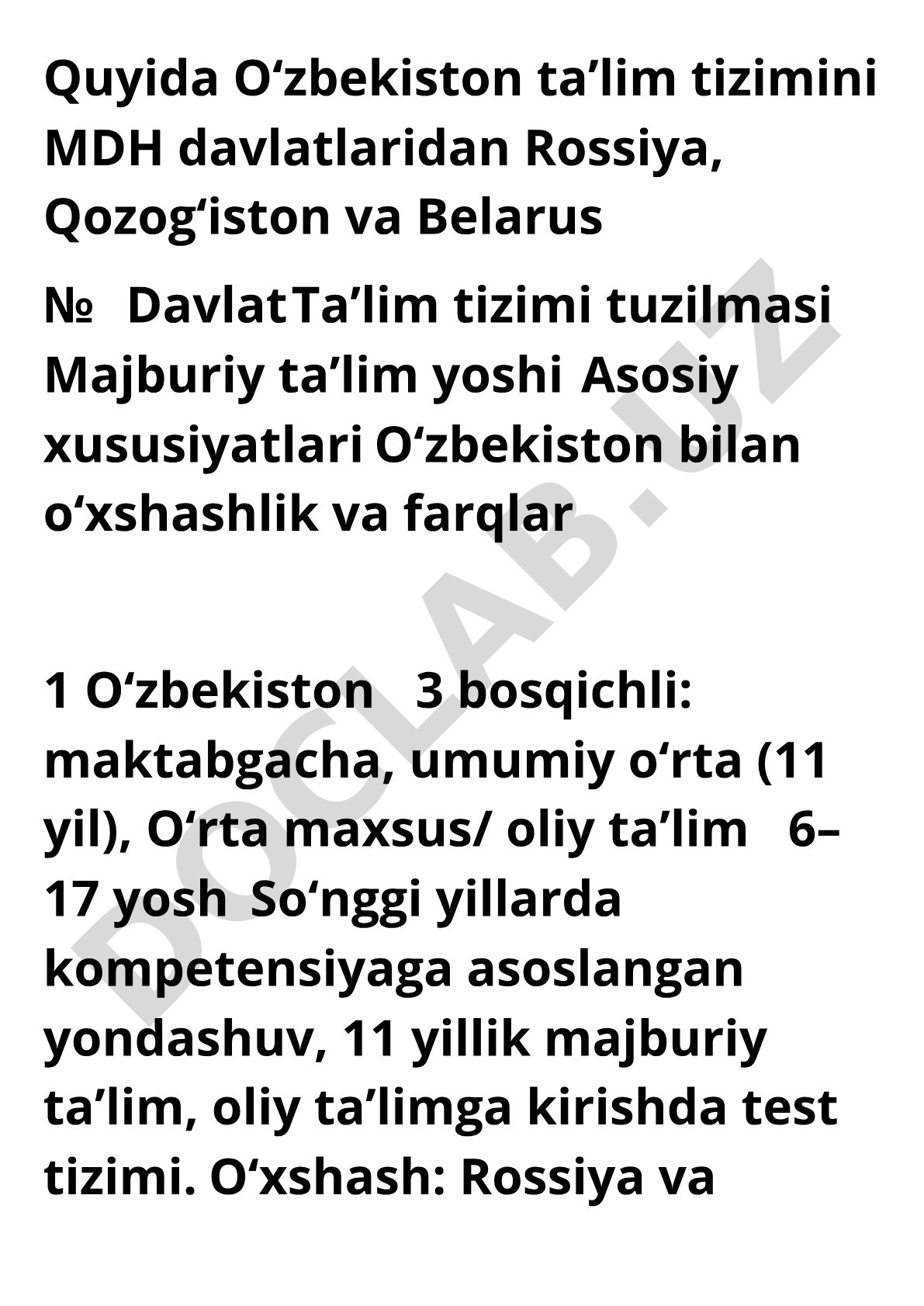 O‘zbekiston, Rossiya, Qozog‘iston va Belarus ta’lim tizimlarining qiyosiy tahlili