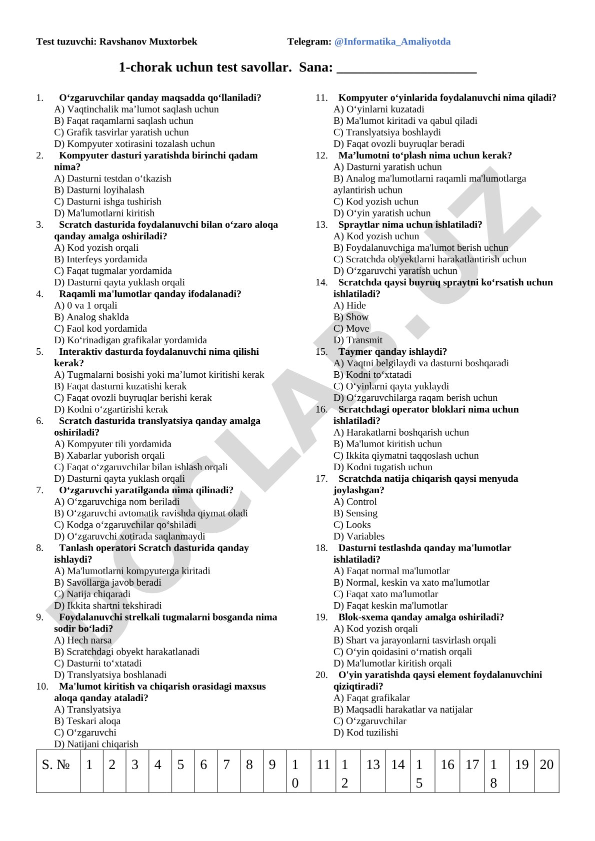 1-chorak uchun test savollar