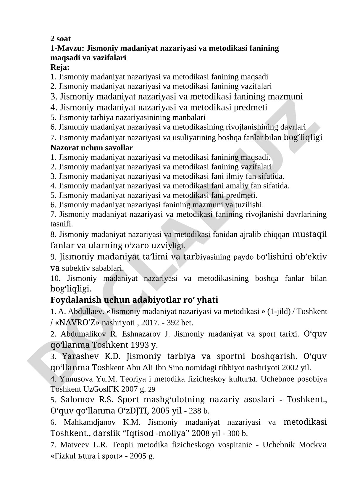 Jismoniy madaniyat nazariyasi va metodikasi fanining maqsadi va vazifalari
