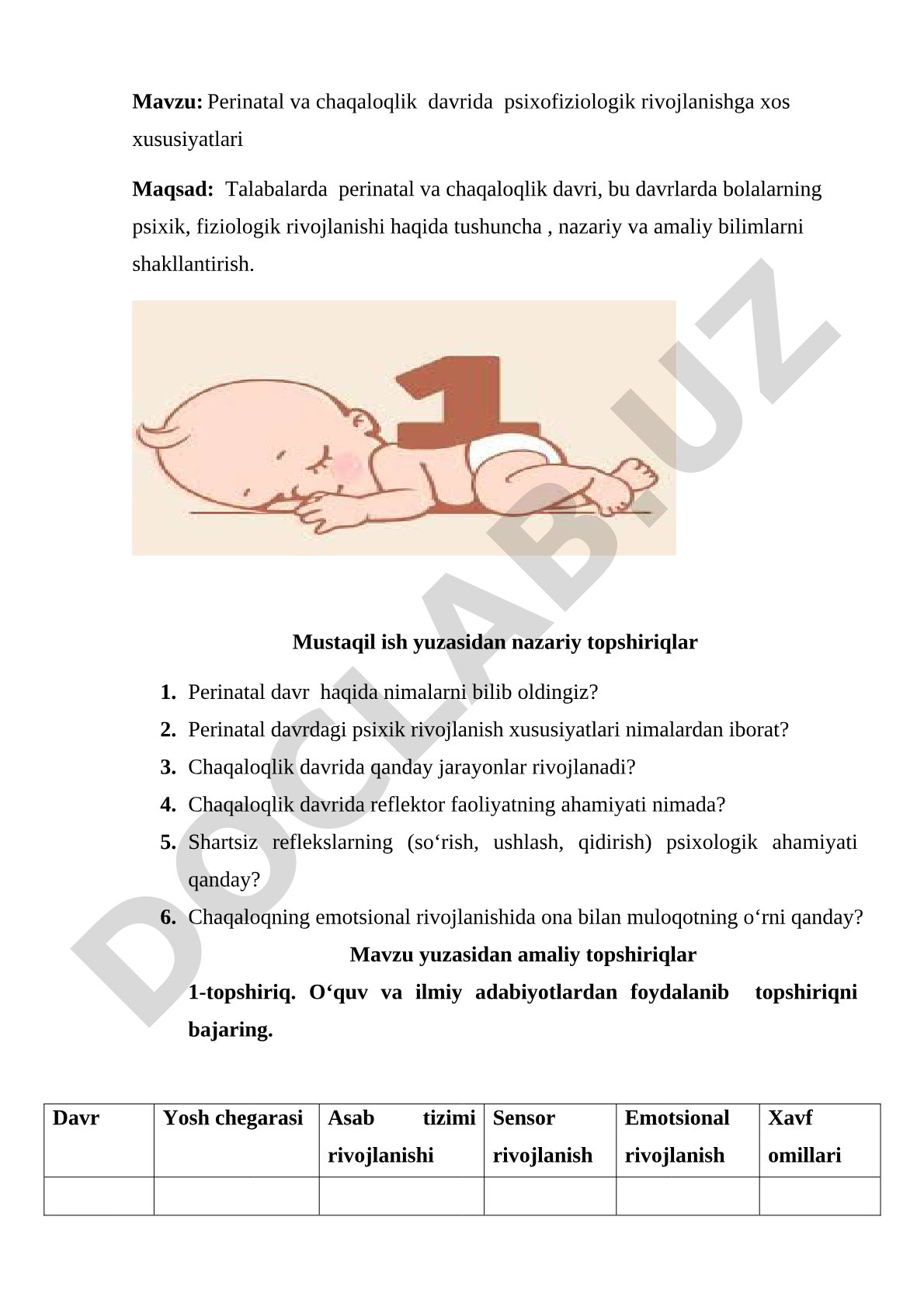 Perinatal va chaqaloqlik davrida psixofiziologik rivojlanishga xos xususiyatlari