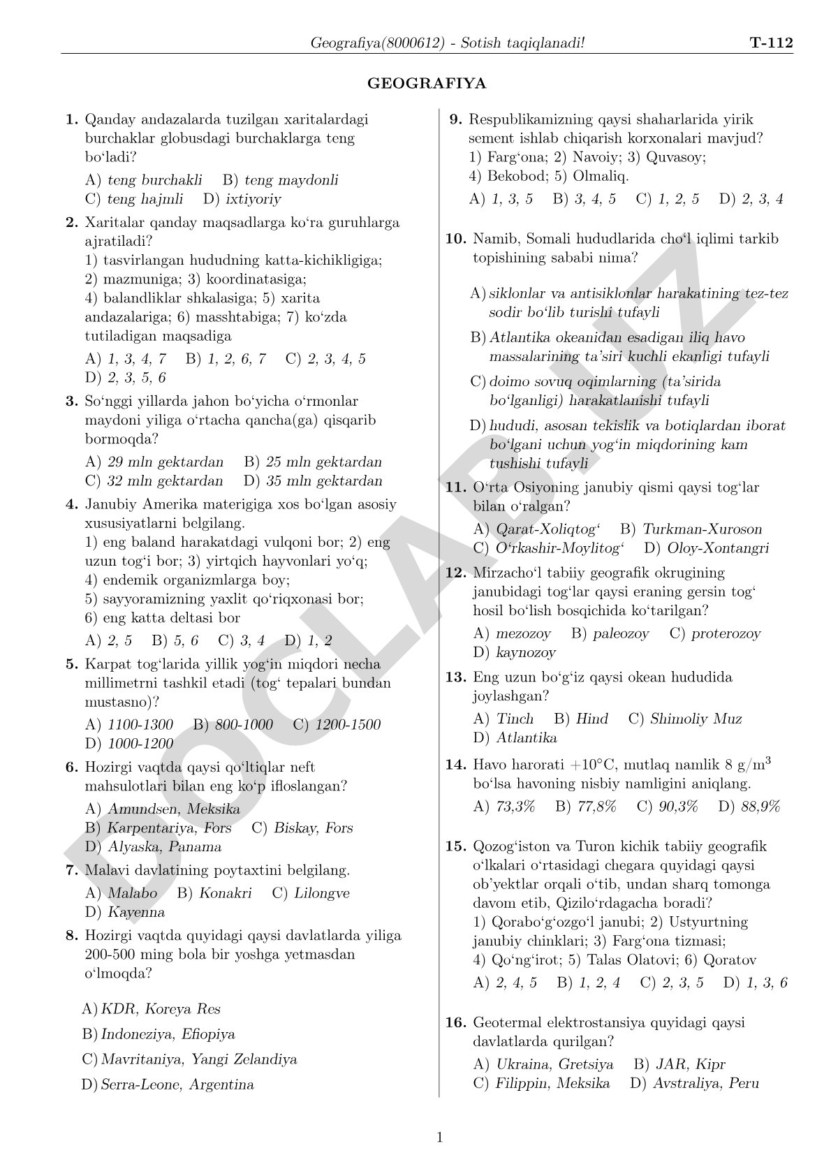 Geografiya test savollari
