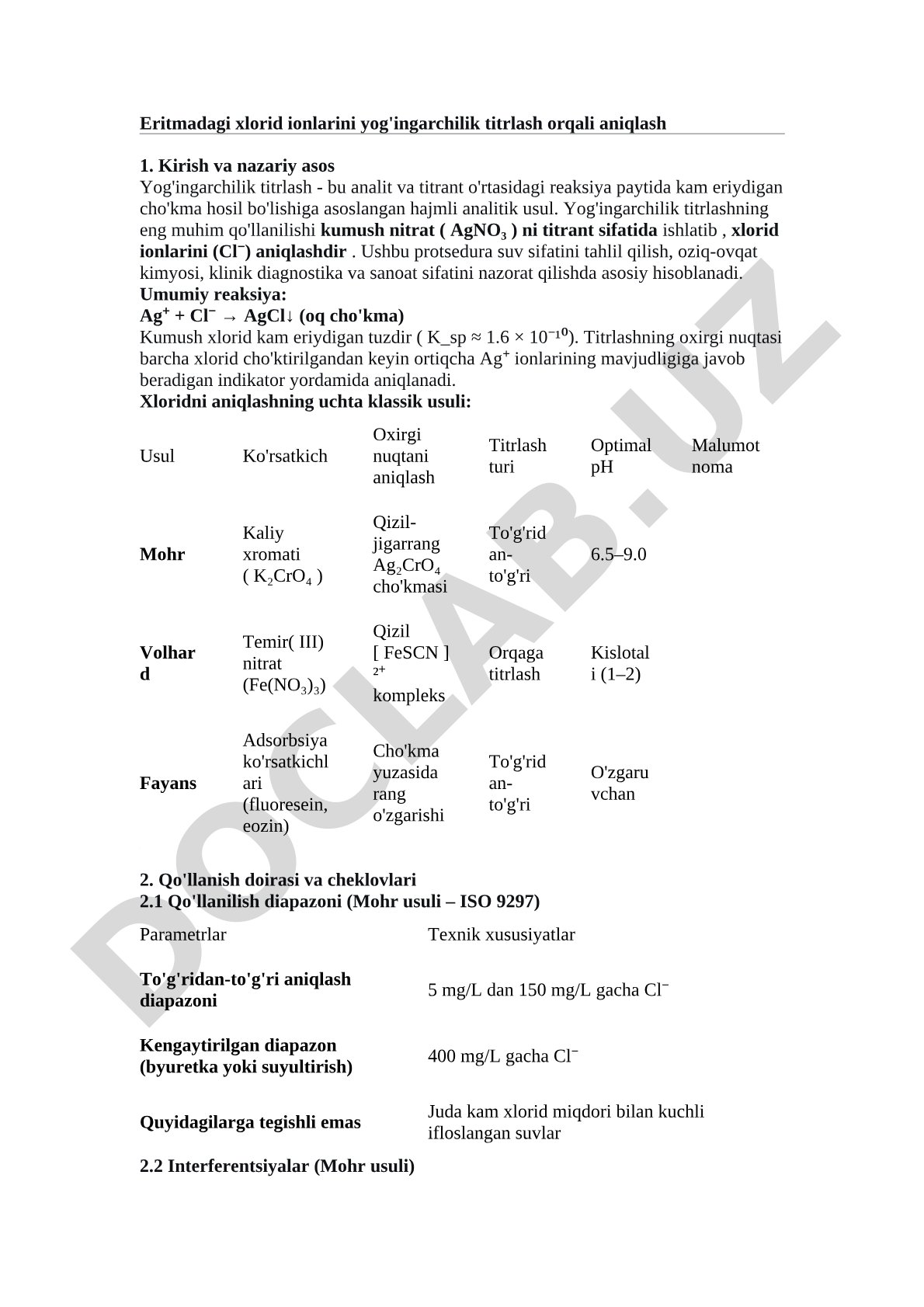 Eritmadagi xlorid ionlarini yog'ingarchilik titrlash orqali aniqlash