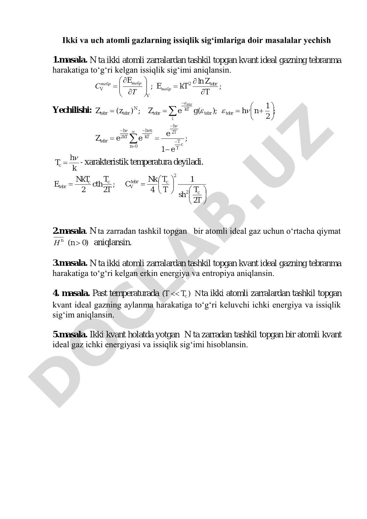 Ikki va uch atomli gazlarning issiqlik sig‘imlariga doir masalalar yechish