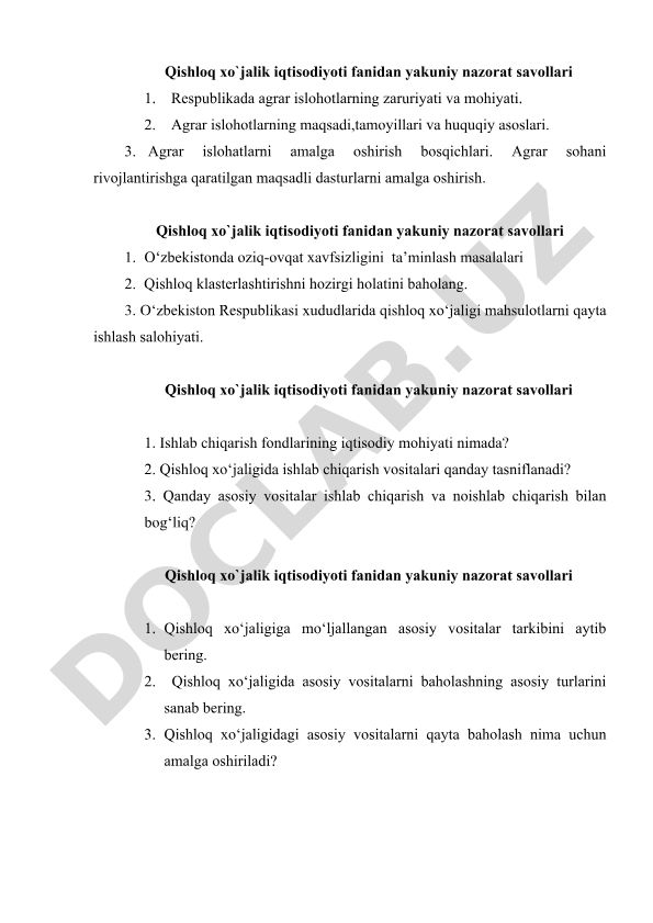 Qishloq xo'jalik iqtisodiyoti fanidan yakuniy nazorat savollari