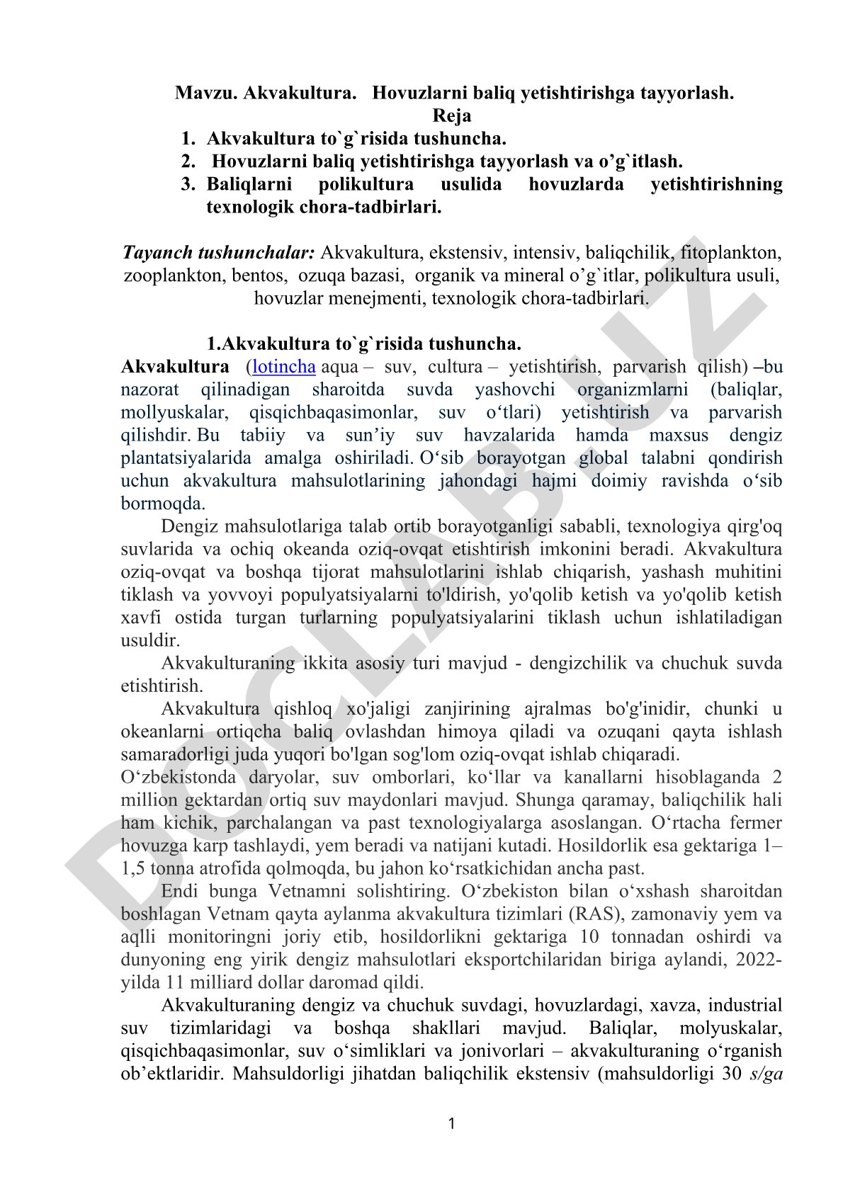 Akvakultura. Hovuzlarni baliq yetishtirishga tayyorlash