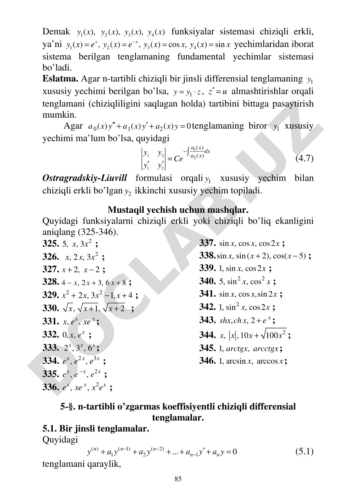 Chiziqli bir jinsli differensial tenglamalar fundamental yechimlar sistemasi