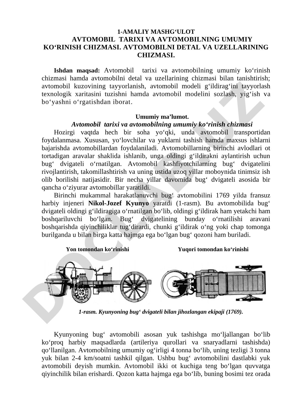 Avtomobil tarixi va umumiy ko'rinish chizmasi, detal va uzellar chizmasi