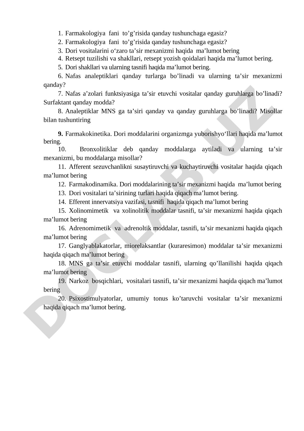 Farmakologiya fanidan nazorat savollari