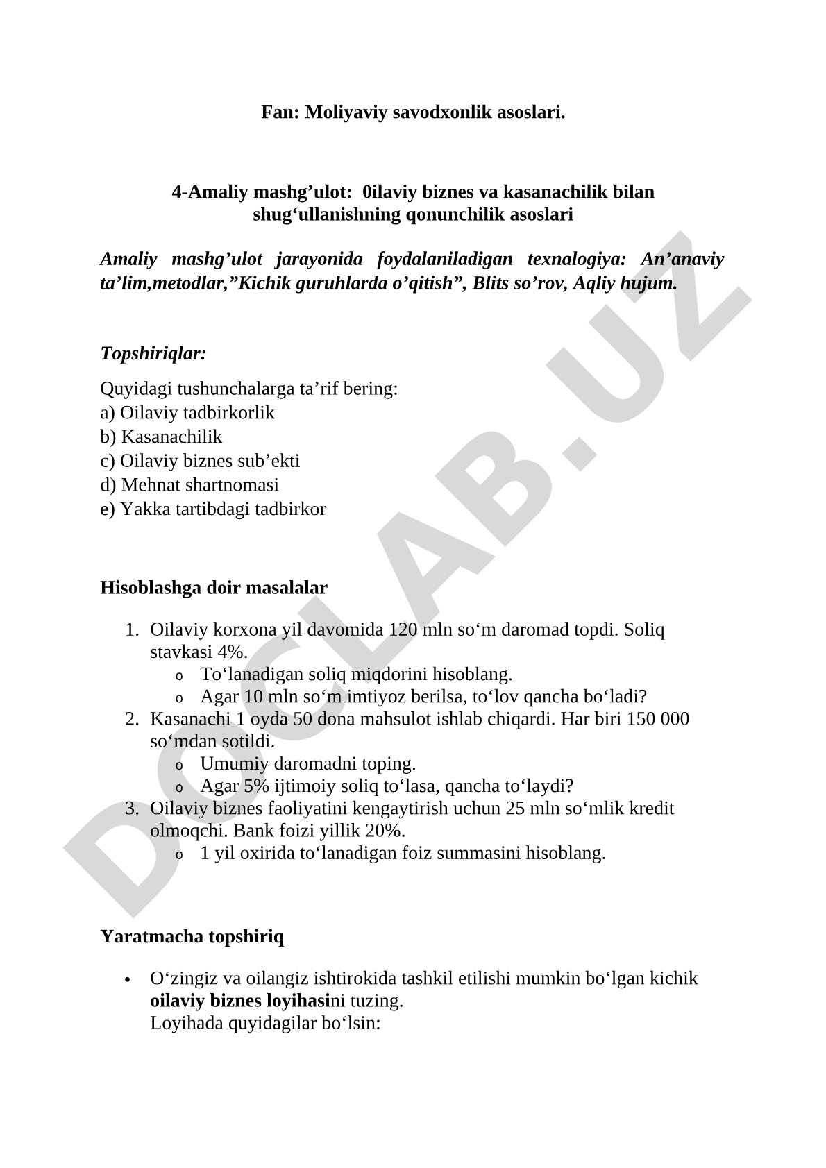 Oilaviy biznes va kasanachilikning qonunchilik asoslari