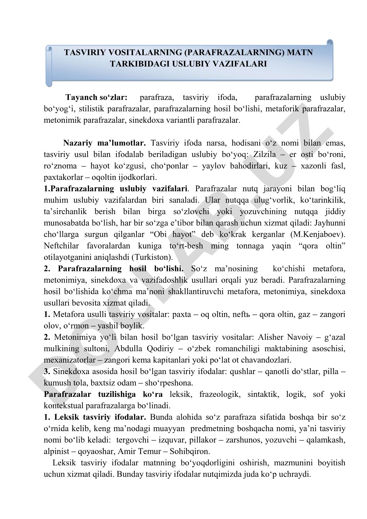 Parafrazlar, ularning turlari, uslubiy vazifalari va hosil bo'lish usullari yoritilgan
