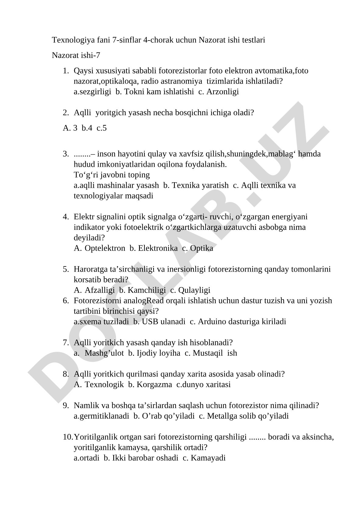 Texnologiya fanidan 7-sinf 4-chorak nazorat ishi testlari