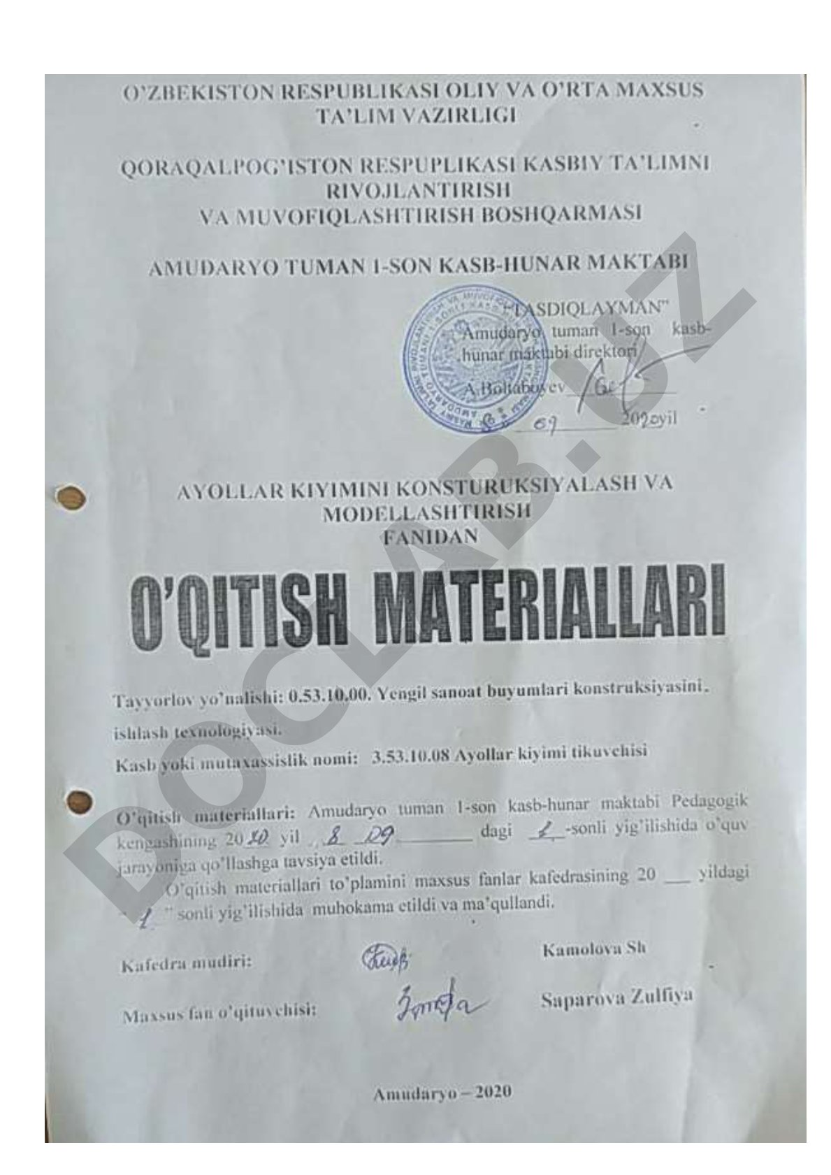 Ayollar kiyimi konstruksiyalash va modellashtirish "fanidan taqvim ish reja(80soat)2020-2021 o'quv y