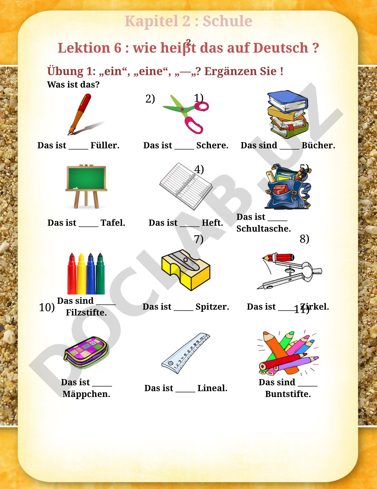 Deutschübung zu Artikeln 'ein' und 'eine' bei Schulsachen