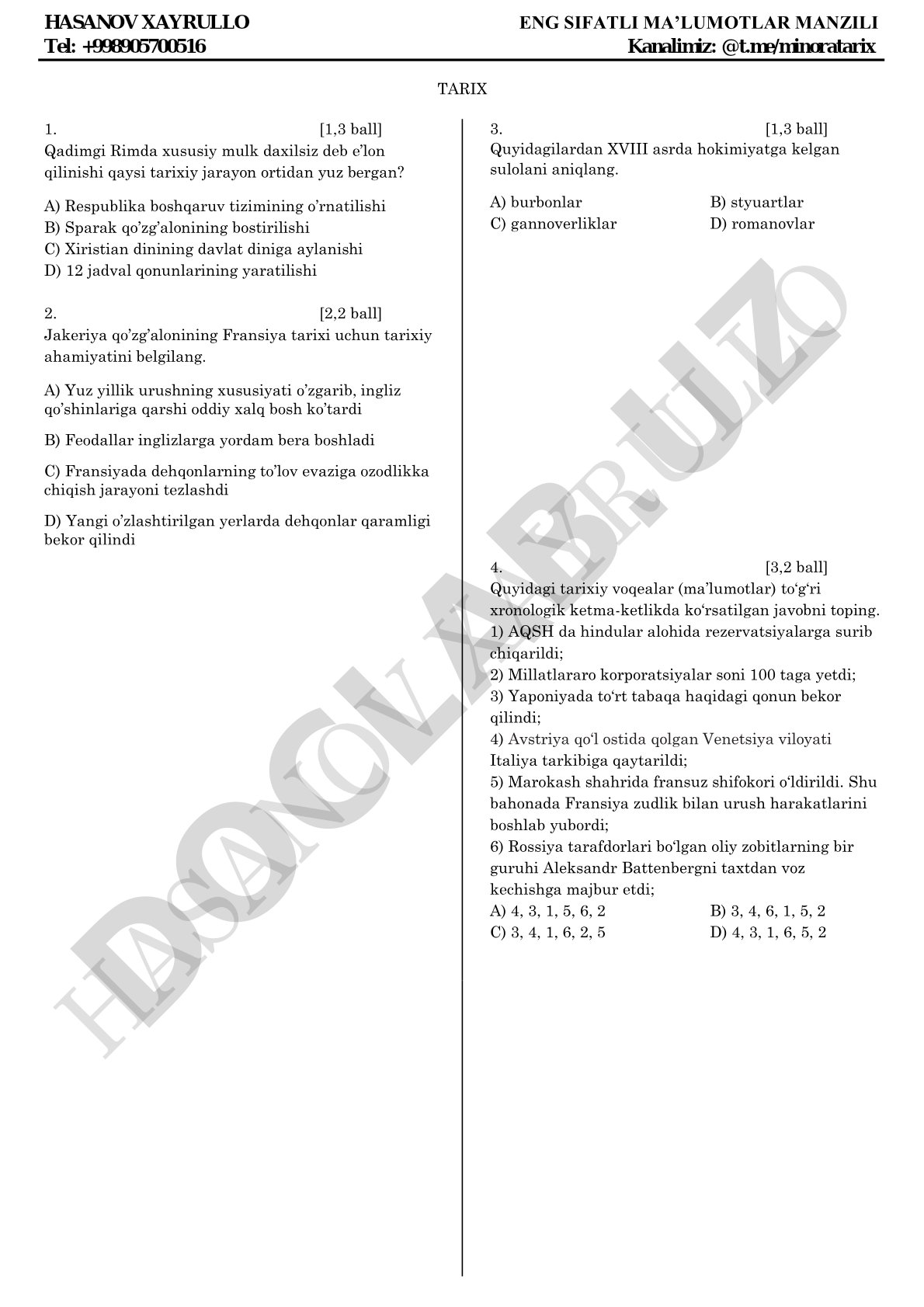 Tarix fanidan ko'p tanlovli test savollari