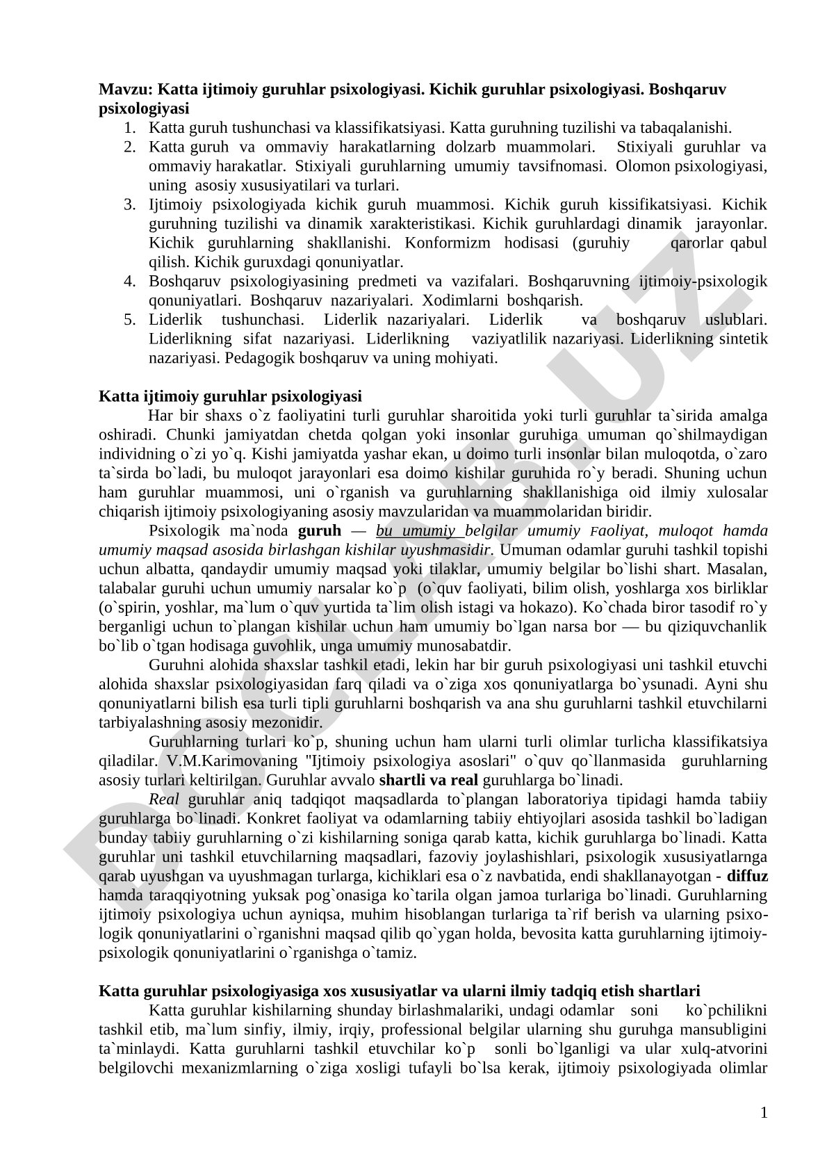Katta ijtimoiy guruhlar psixologiyasi. Kichik guruhlar psixologiyasi. Boshqaruv psixologiyasi