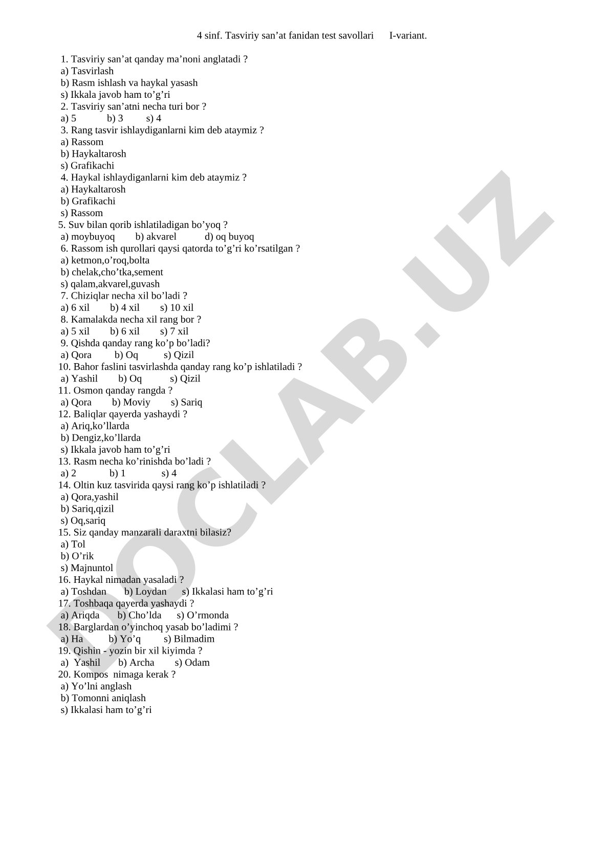 4 sinf. Tasviriy san’at fanidan test savollari I-variant