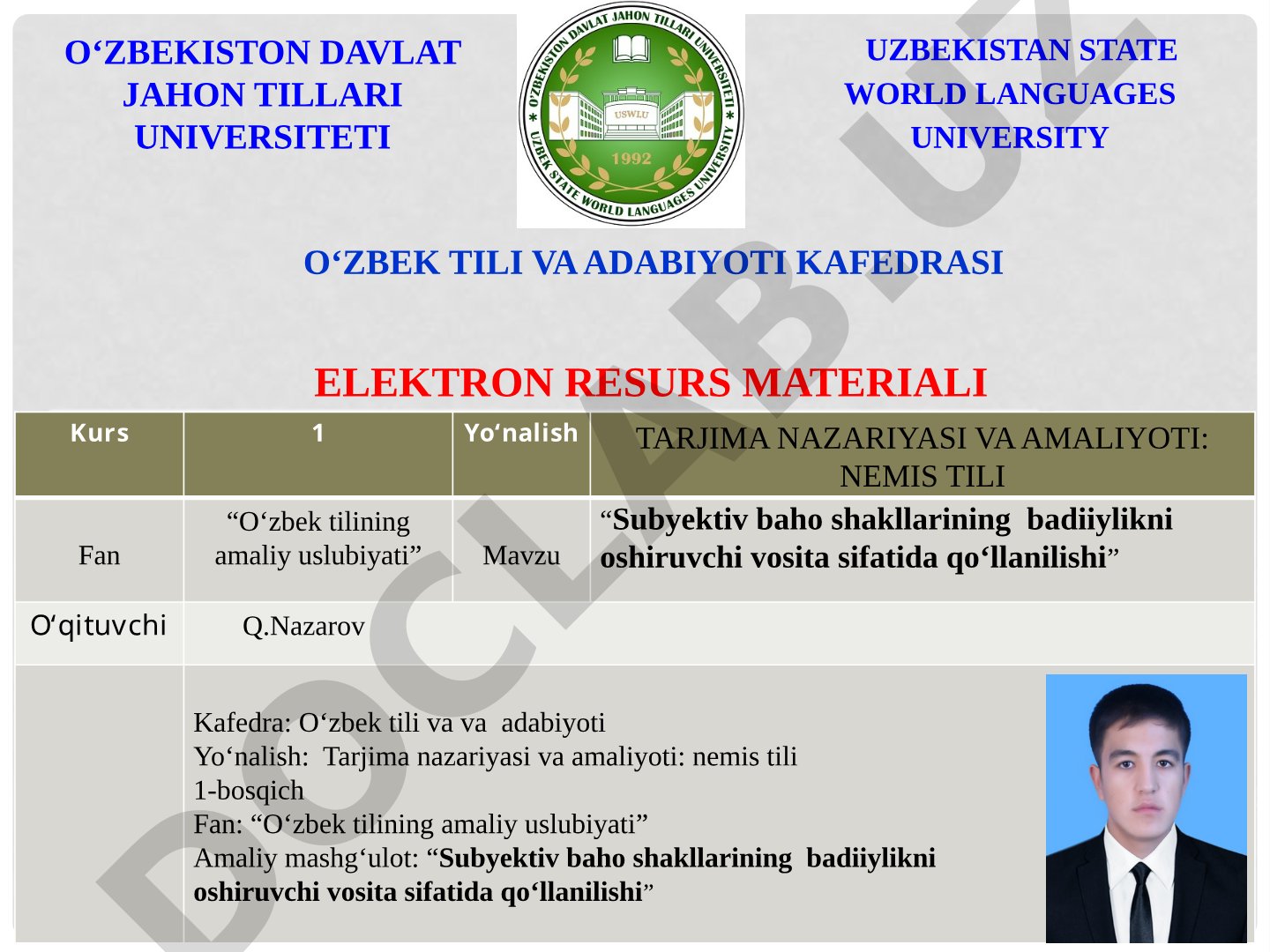Subyektiv baho shakllarining badiiylikni oshiruvchi vosita sifatida qo‘llanilishi