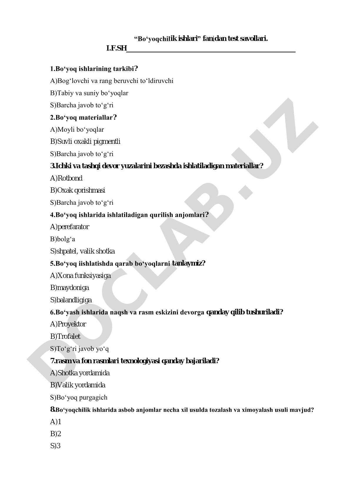 Bo‘yoqchilik ishlari fanidan test savollari
