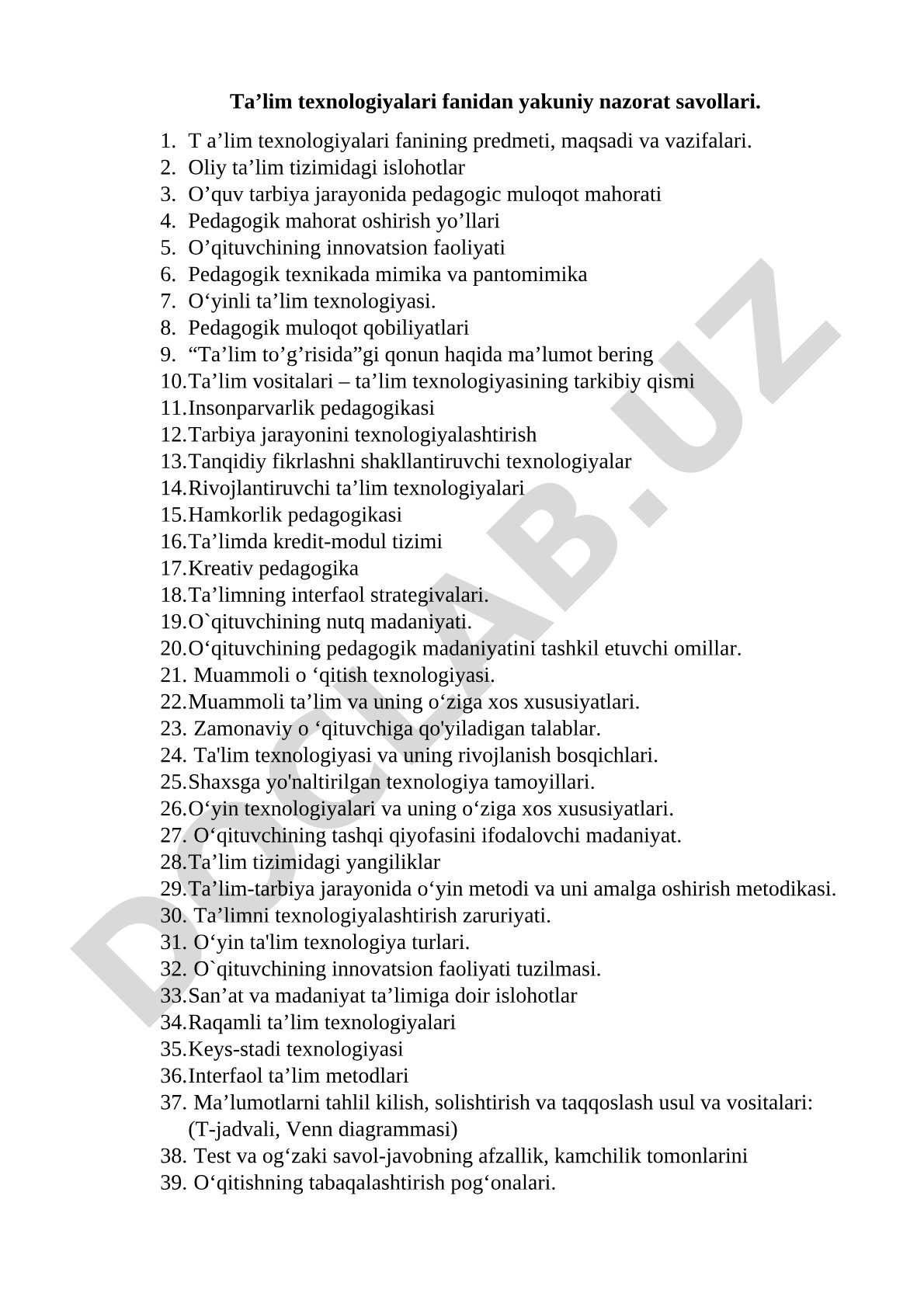 Ta’lim texnologiyalari fanidan yakuniy nazorat savollari