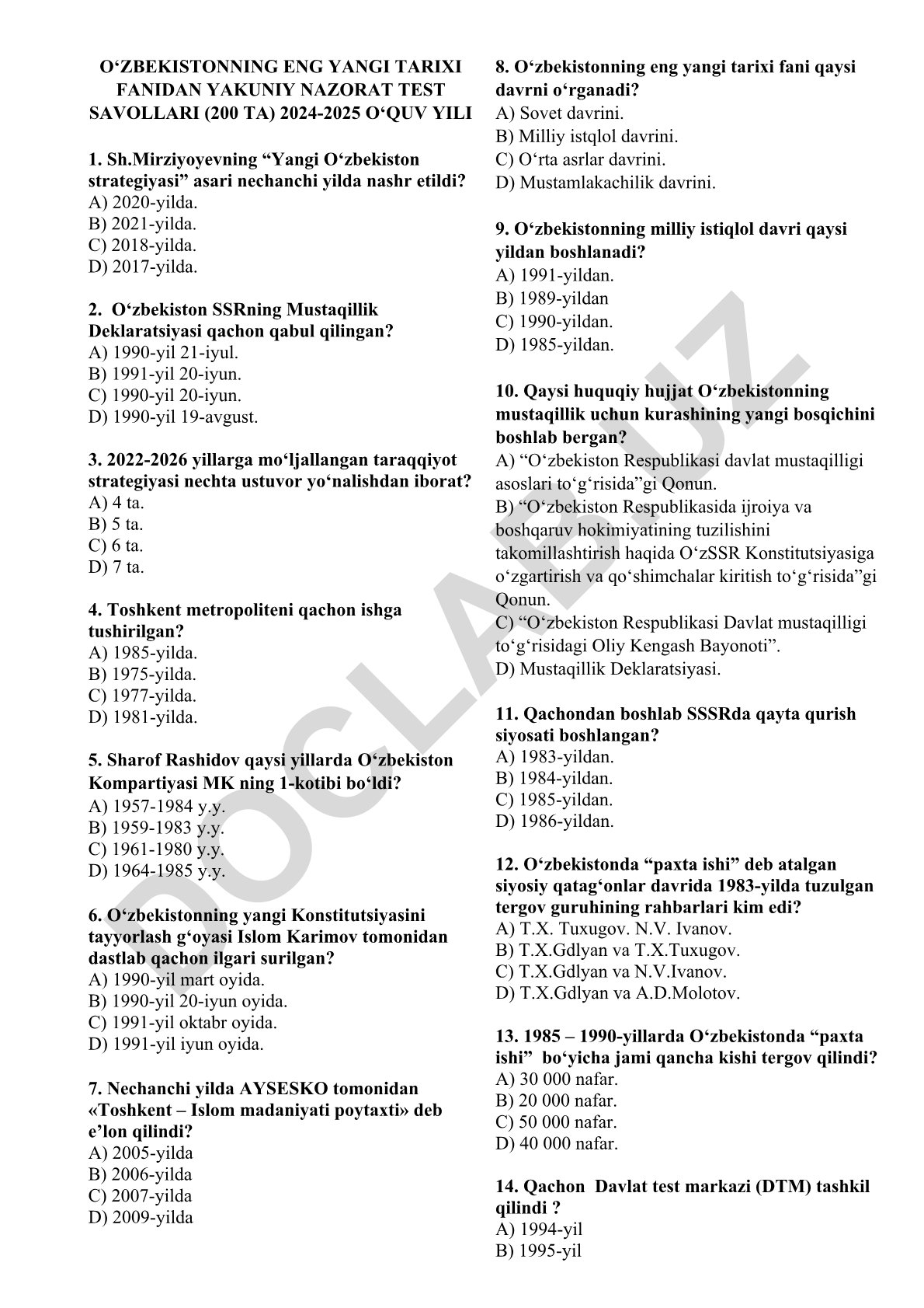 O‘zbekistonning eng yangi tarixi fanidan yakuniy nazorat test savollari