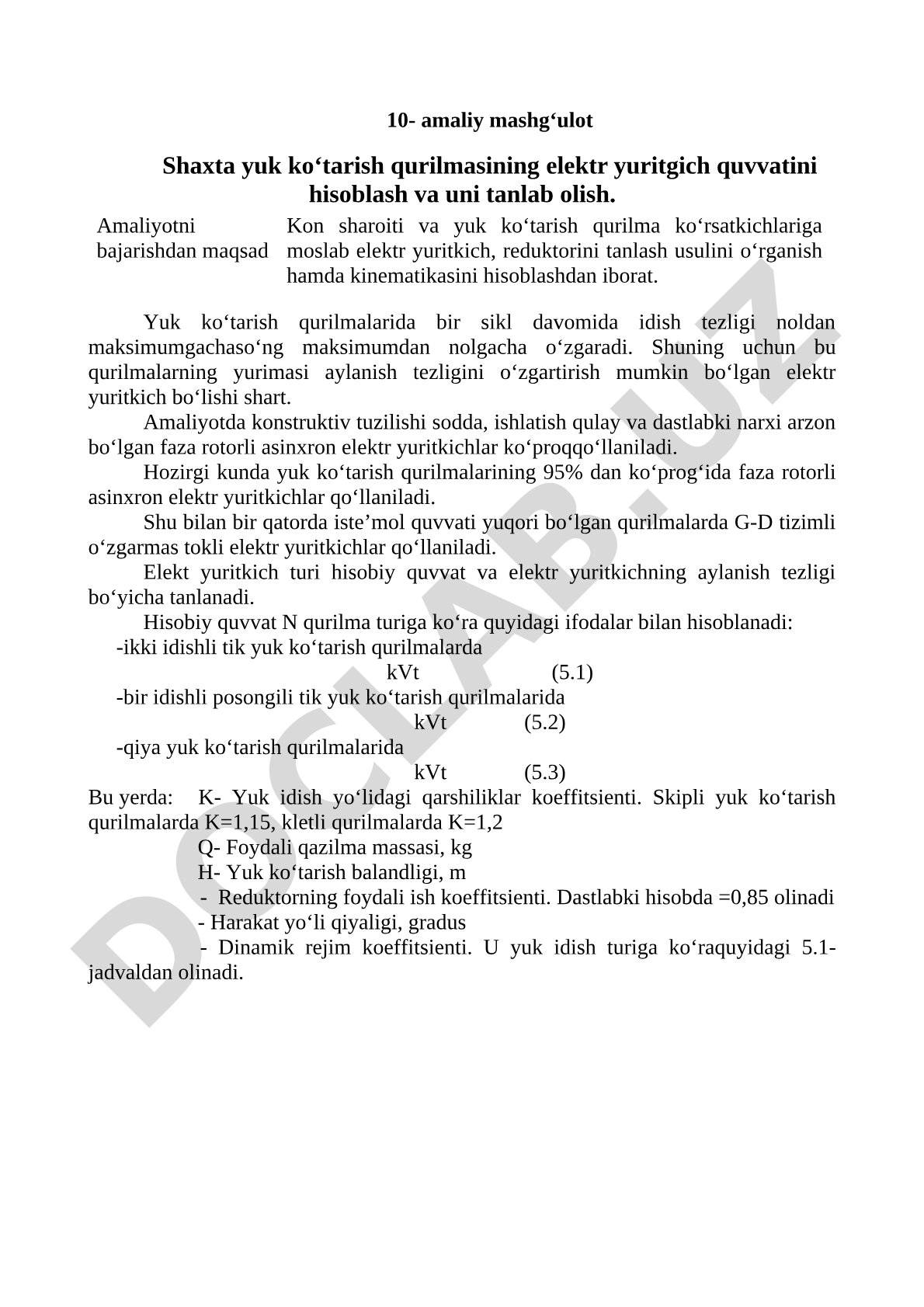 Shaxta yuk ko‘tarish qurilmasining elektr yuritgich quvvatini hisoblash va uni tanlab olish