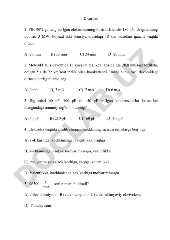 Fizika fanidan test savollari to'plami