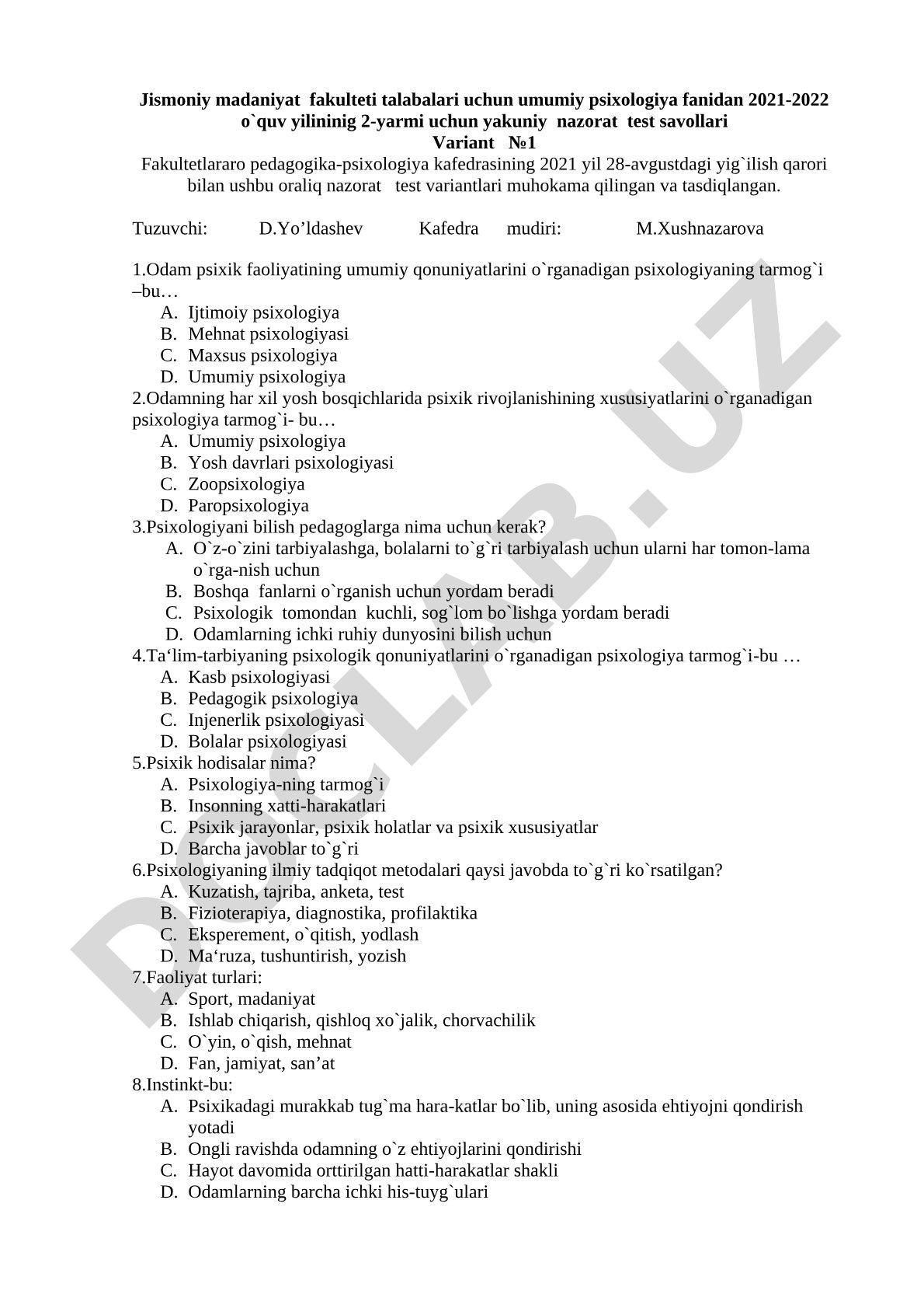 Umumiy psixologiya fanidan yakuniy nazorat test savollari