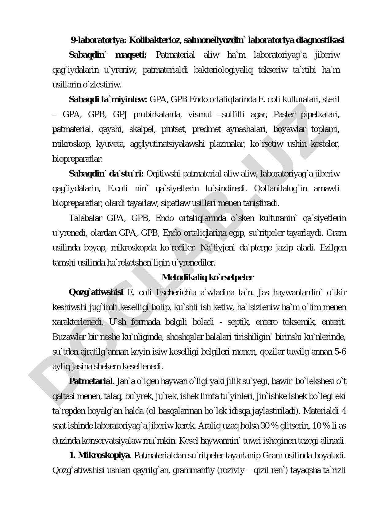 Kolibakterioz, salmonellyozdin` laboratoriya diagnostikasi