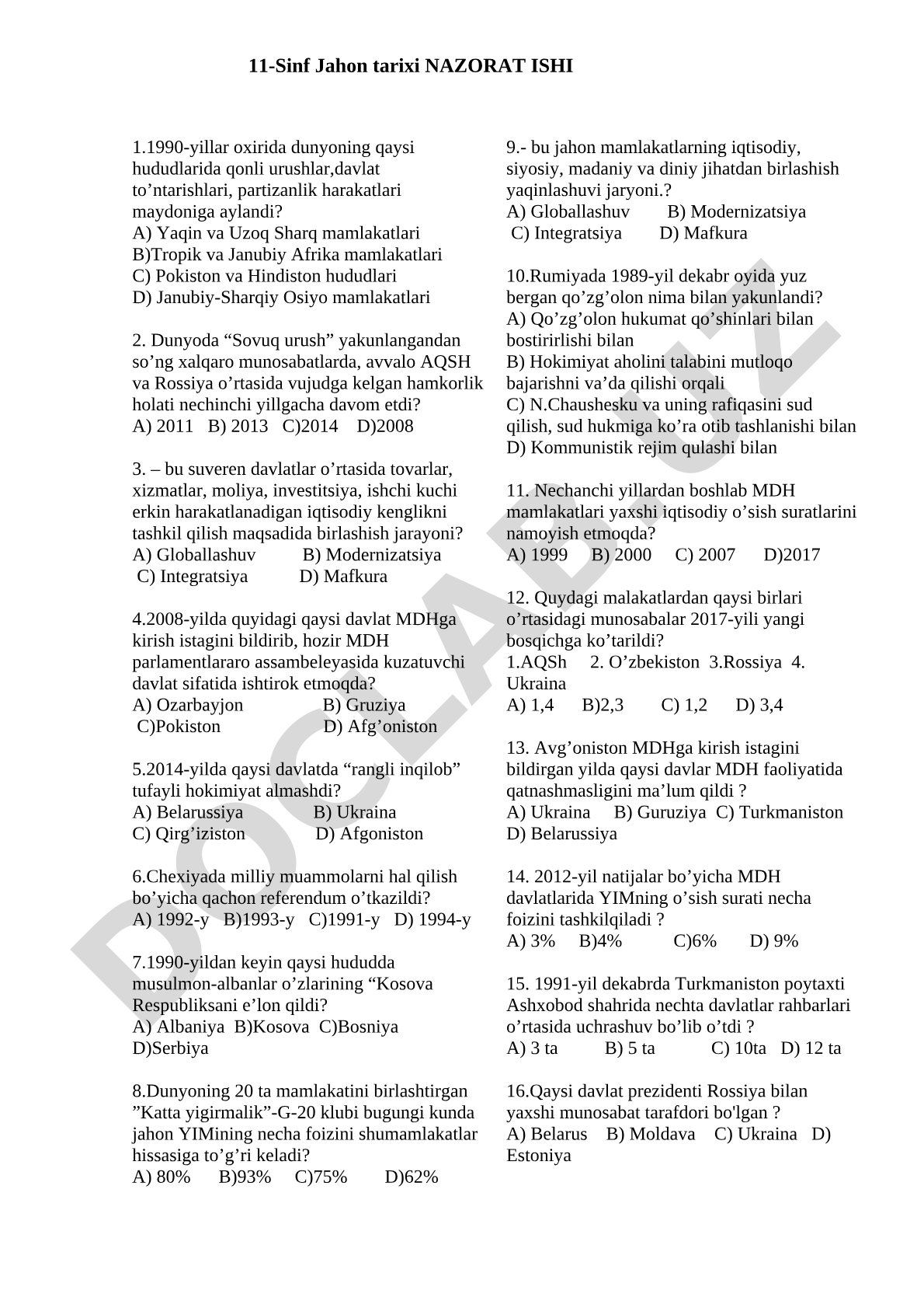 11-sinf Jahon tarixi nazorat ishi