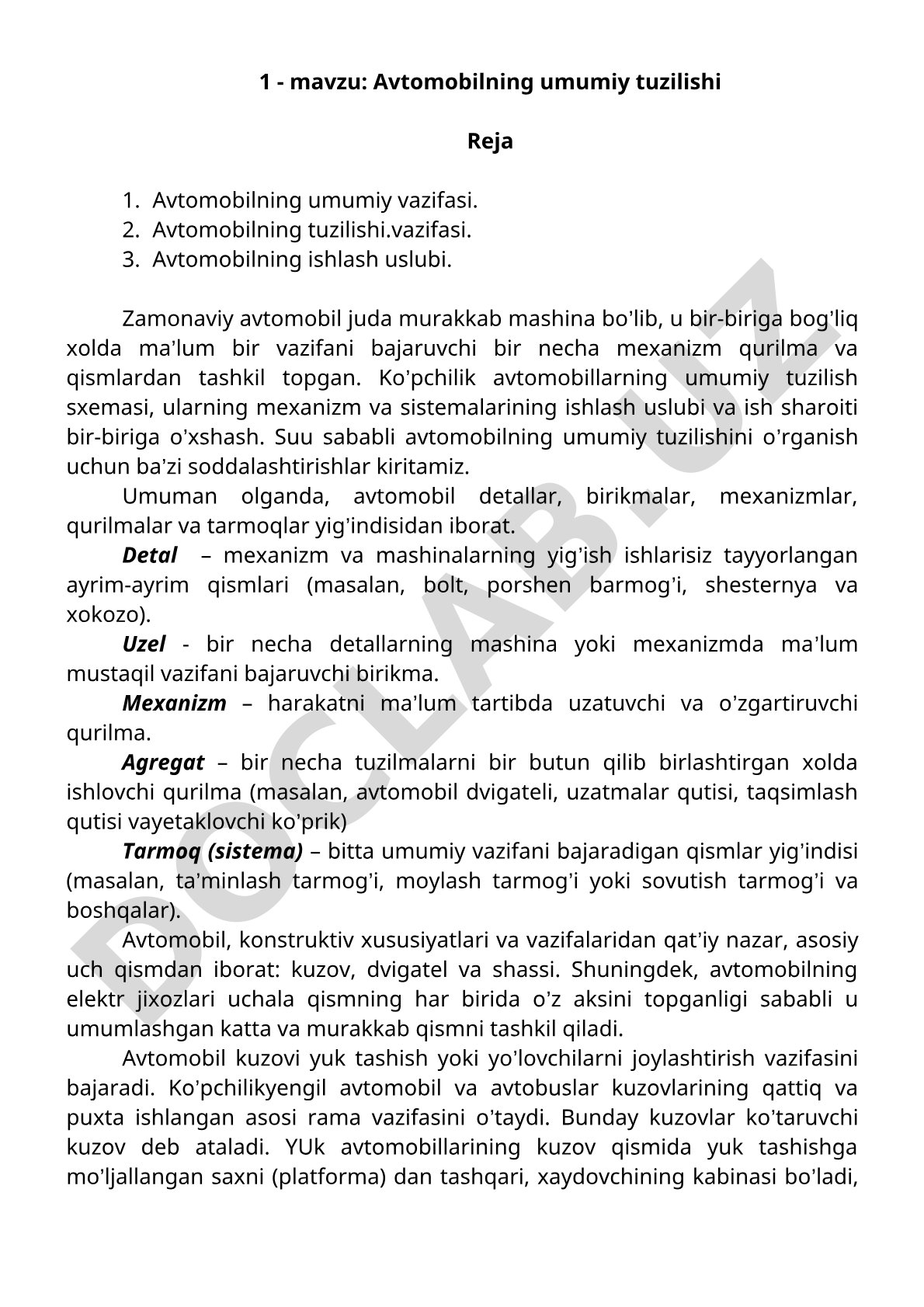 Avtomobilning umumiy tuzilishi