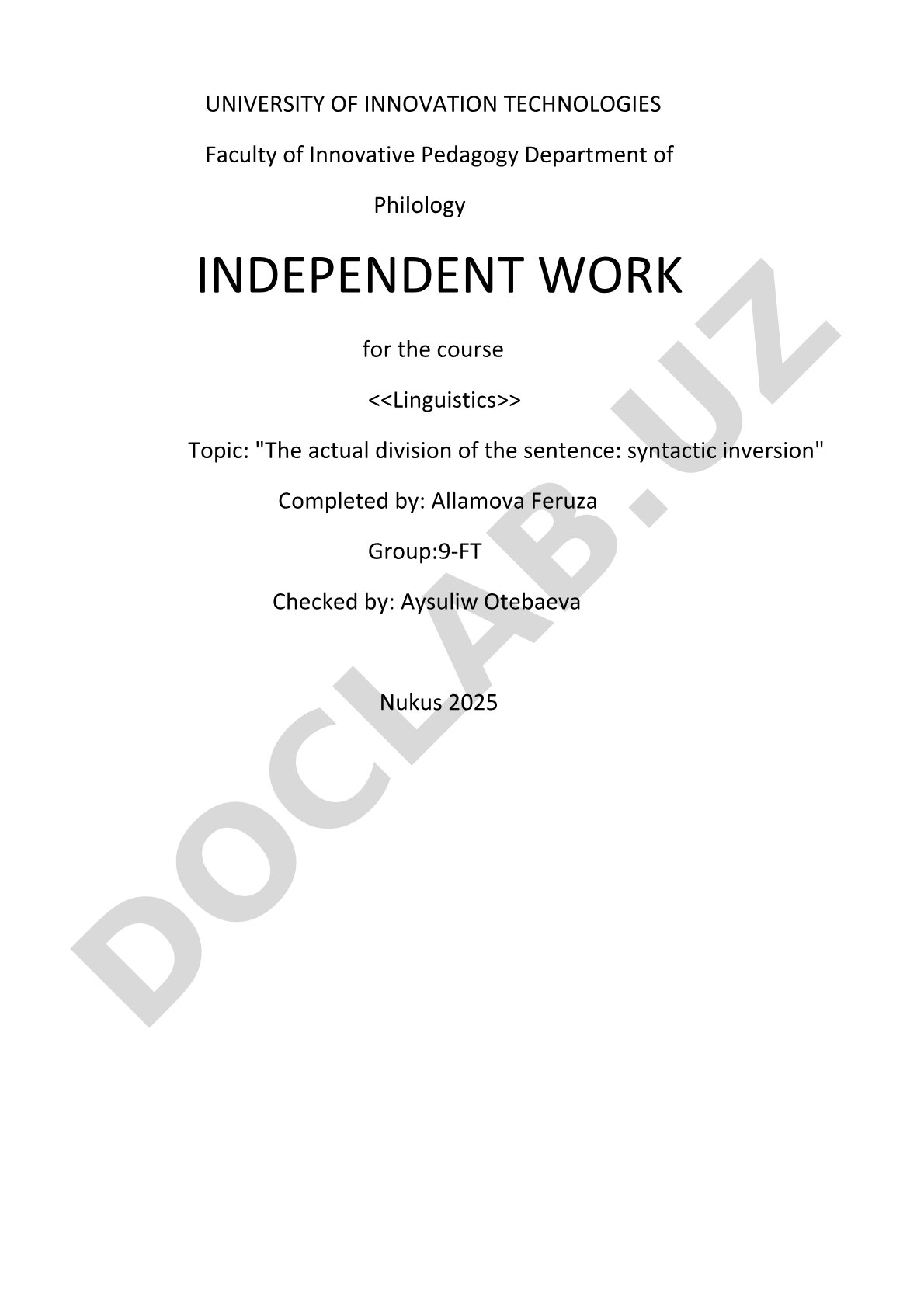 The actual division of the sentence: syntactic inversion