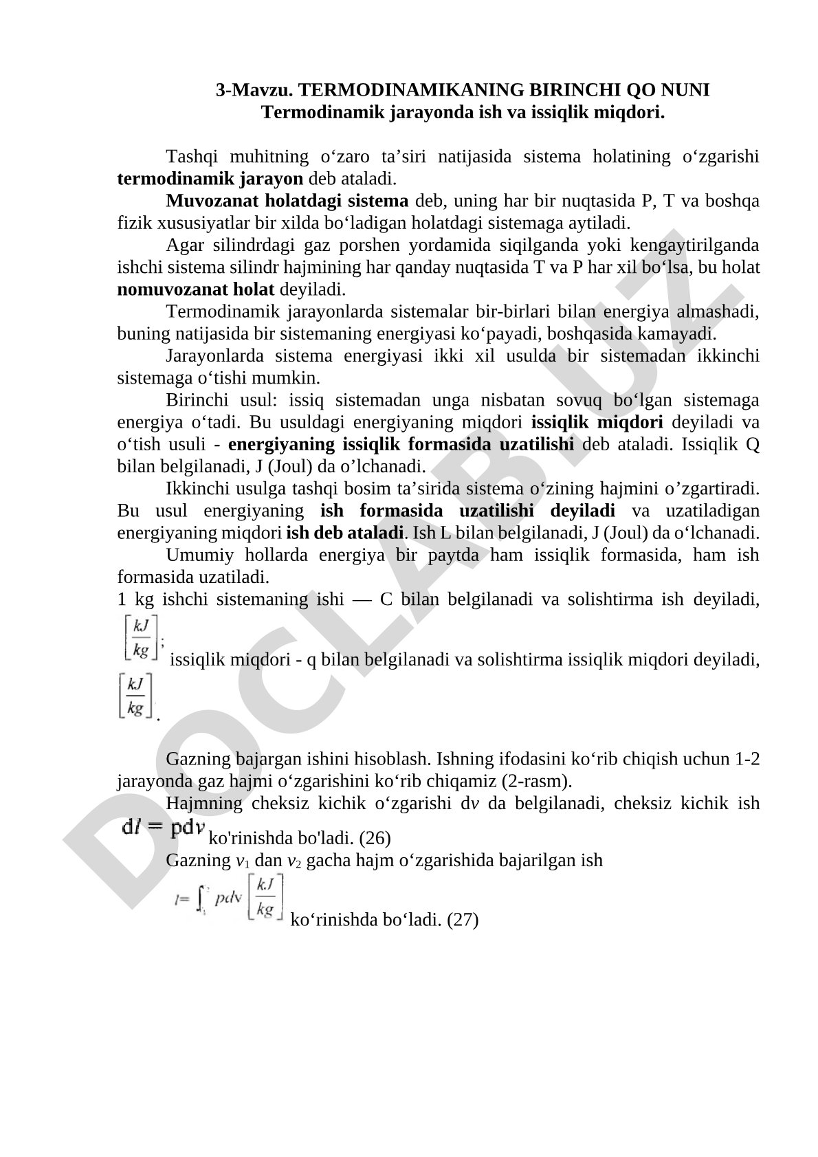 Termodinamik jarayonlarda ish va issiqlik miqdori, energiyaning uzatilish usullari