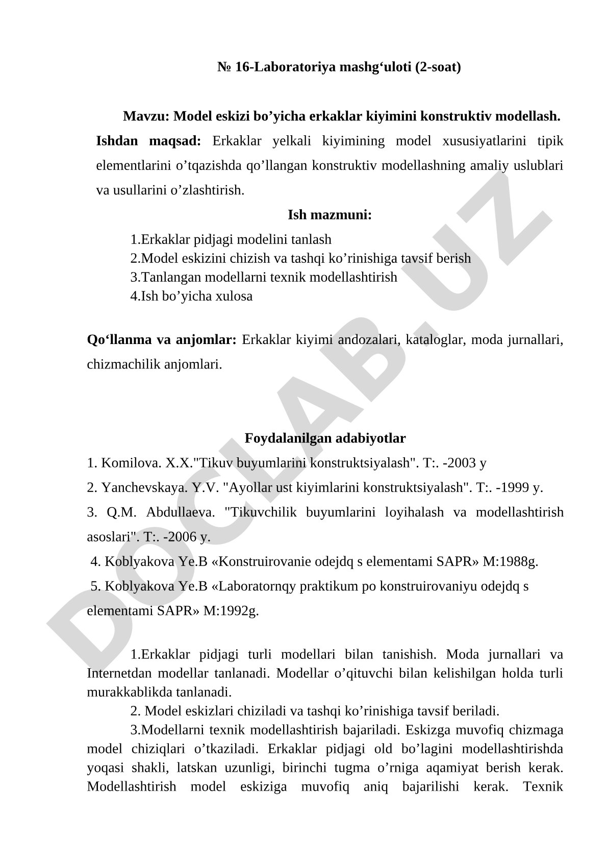 Model eskizi bo'yicha erkaklar kiyimini konstruktiv modellash