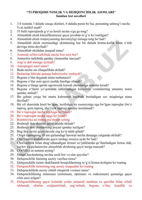 Tuproqshunoslik va dehqonchilik asoslari fanidan test savollari