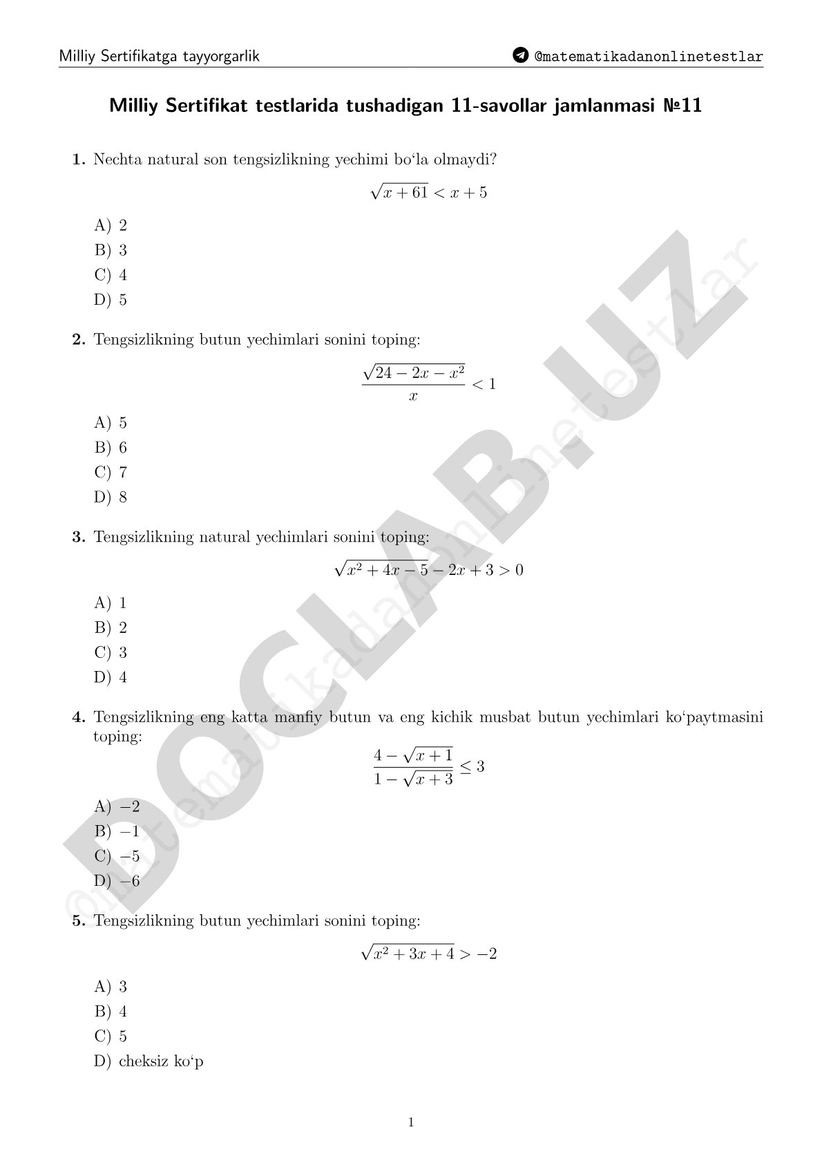Tengsizliklar bo'yicha milliy sertifikat testlari