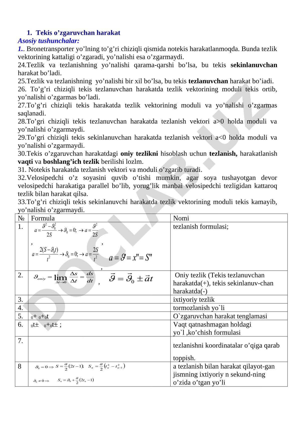Tekis o’zgaruvchan harakat, tezlik va tezlanish haqidagi tushunchalar