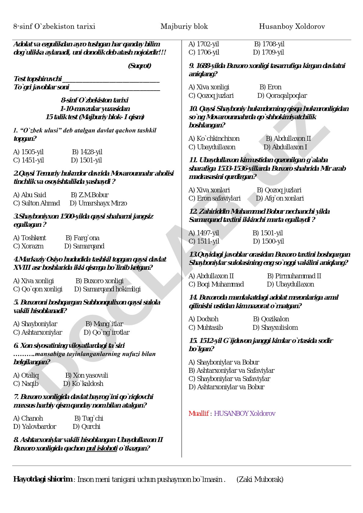 8-sinf O'zbekiston tarixi 1-10-mavzular testi
