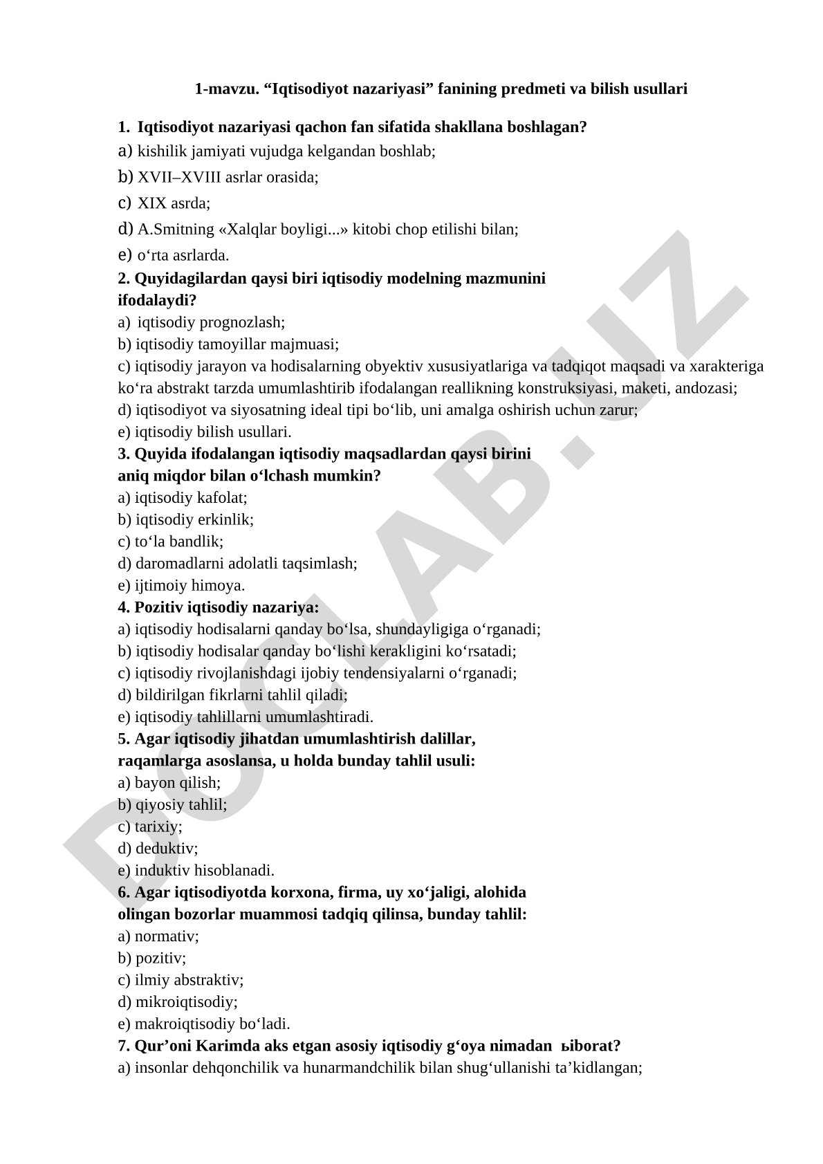 1-mavzu. “Iqtisodiyot nazariyasi” fanining predmeti va bilish usullari