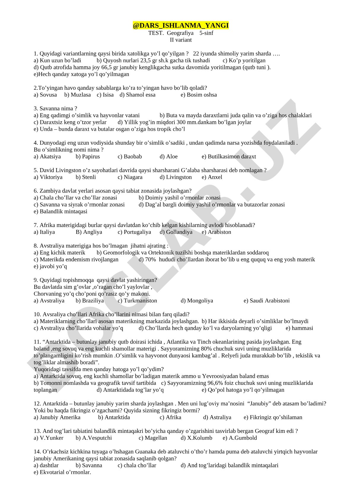 Geografiya 5-sinf II variant
