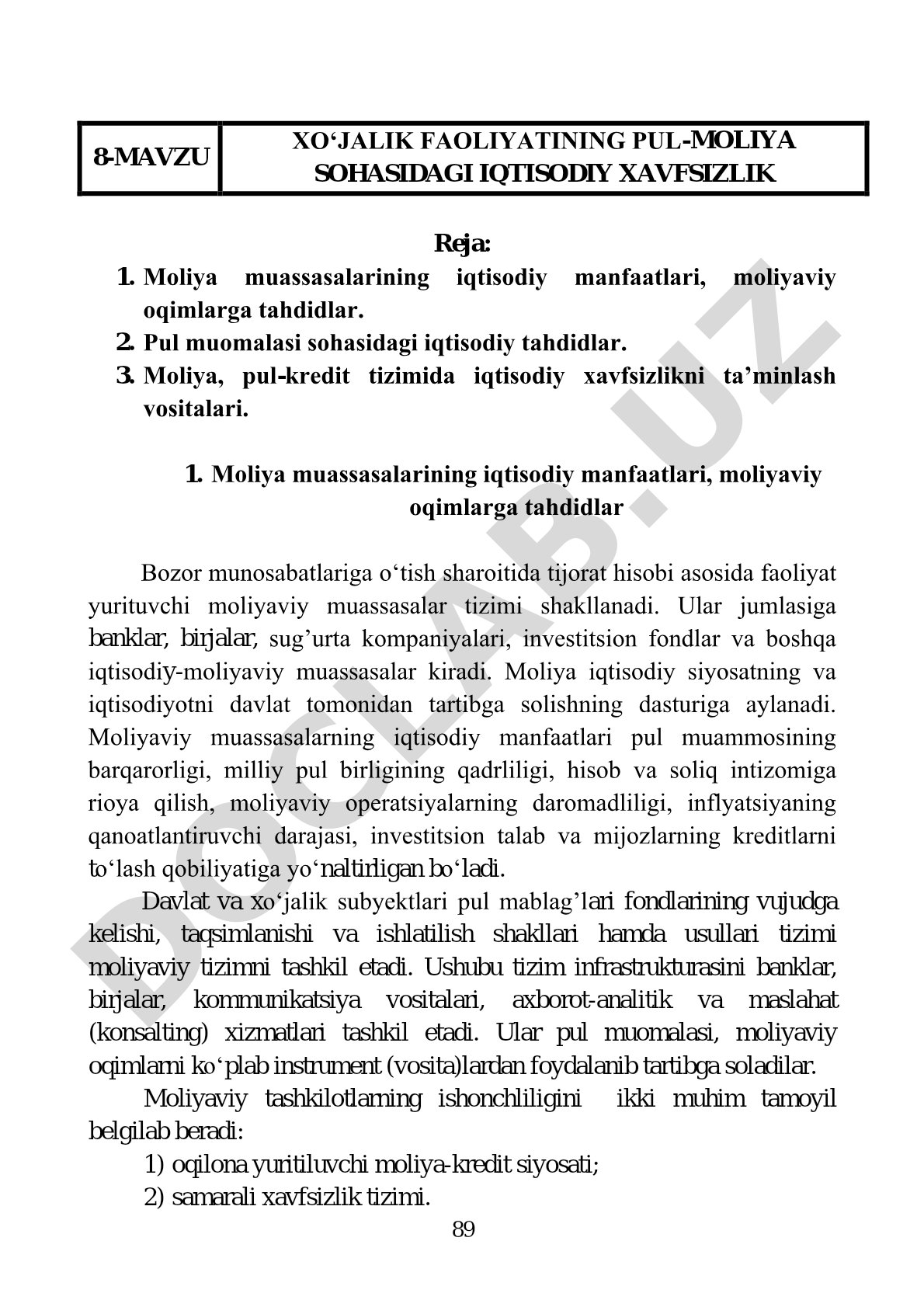 XO‘JALIK FAOLIYATINING PUL-MOLIYA SOHASIDAGI IQTISODIY XAVFSIZLIK