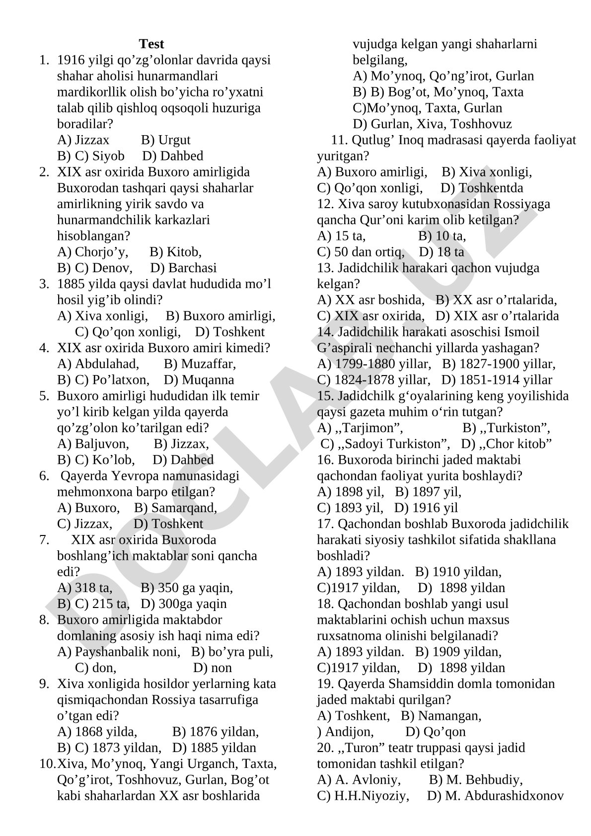 Buxoro amirligi tarixi bo'yicha test savollari