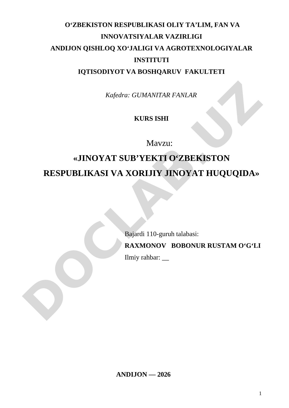 Jinoyat subyekti O'zbekiston Respublikasi va xorijiy jinoyat huquqida