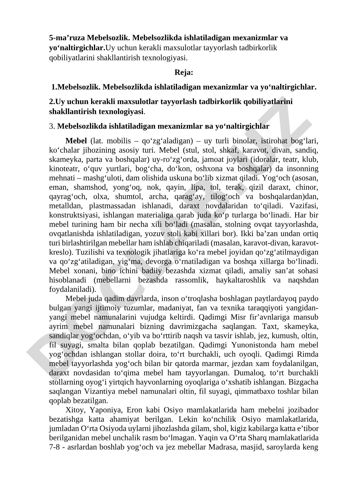 Mebelsozlikda ishlatiladigan mexanizmlar va uy buyumlari tayyorlash texnologiyasi